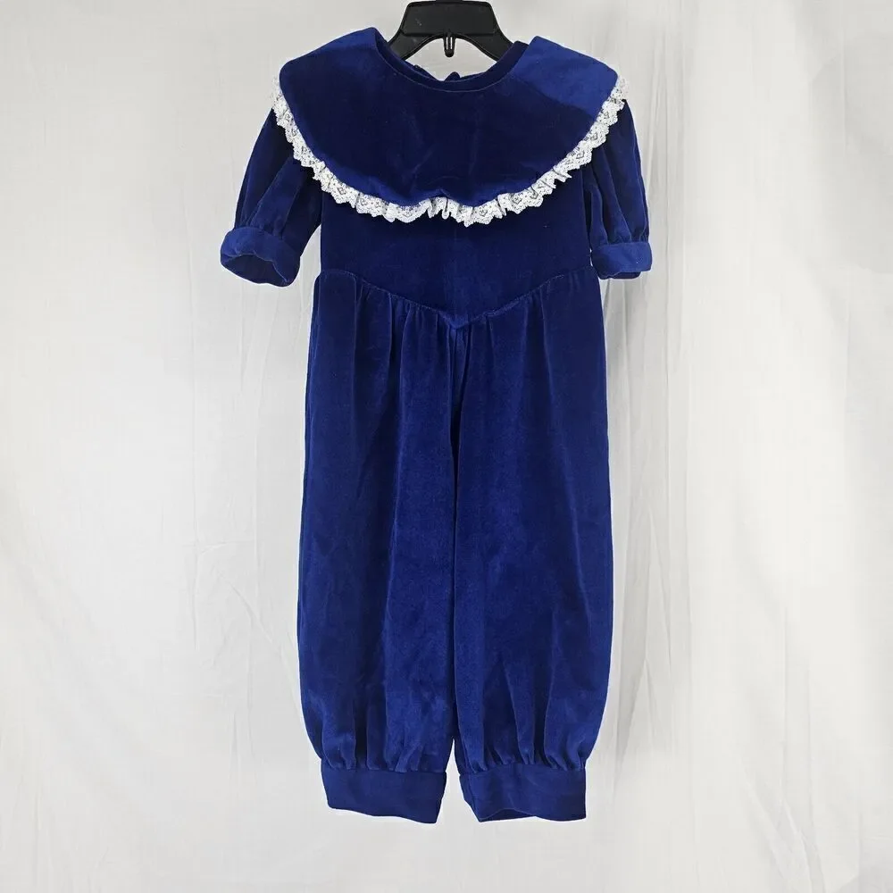 Vintage Bubble Jumpsuit With Collar  Blue Velvet Material Fits Girl Size 2/3